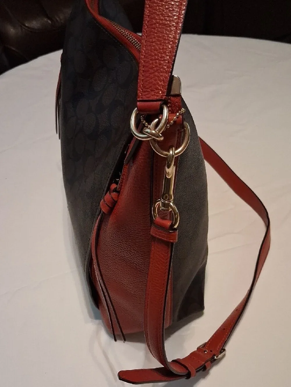 Coach Brown Signature Canvas Shoulder Bag with Red Leather Trim Gold tone logo